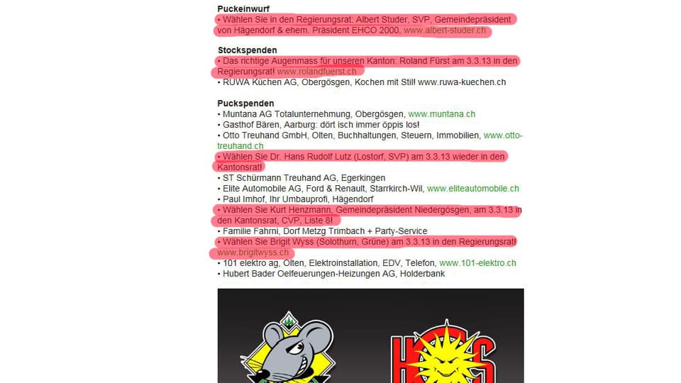 Gleich mehrere Politiker aus verschiedenen Parteien werden auf der Internetseite des EHCO angepriesen.
