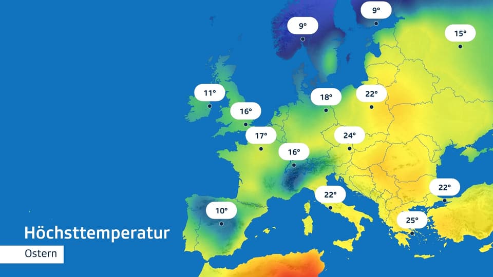 Karte der Temperaturverteilung über Europa. Warmes Osteuropa, kühle Iberische Halbinsel