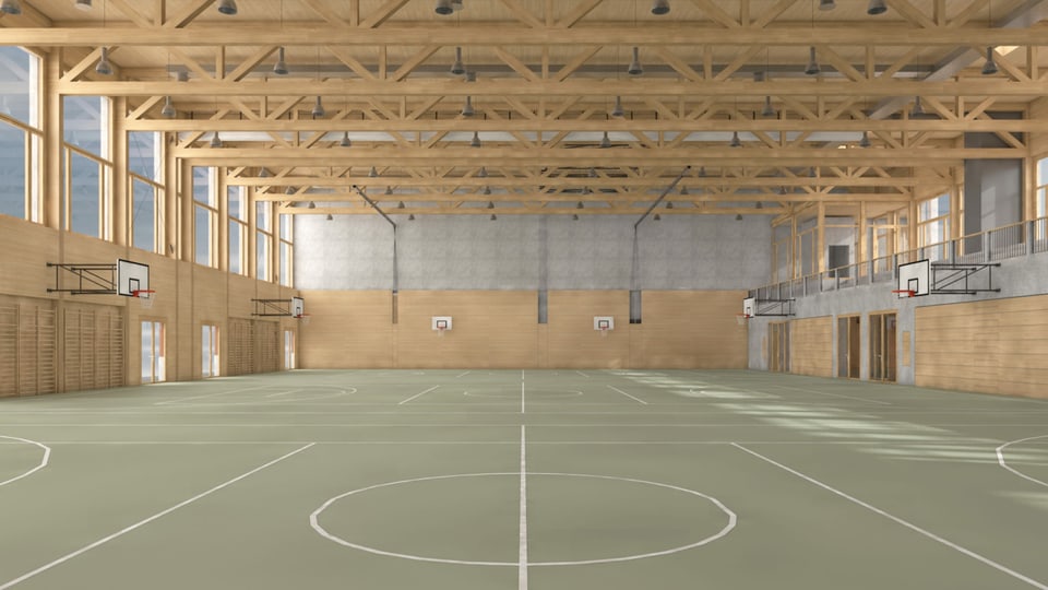 Innenansicht der geplanten Dreifach-Sporthalle bei der Kantonsschule Ausserschwyz.