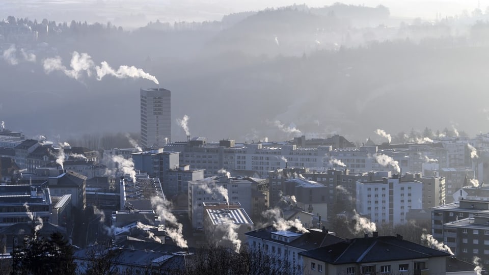 Rauch aus Schornsteinen über Freiburg