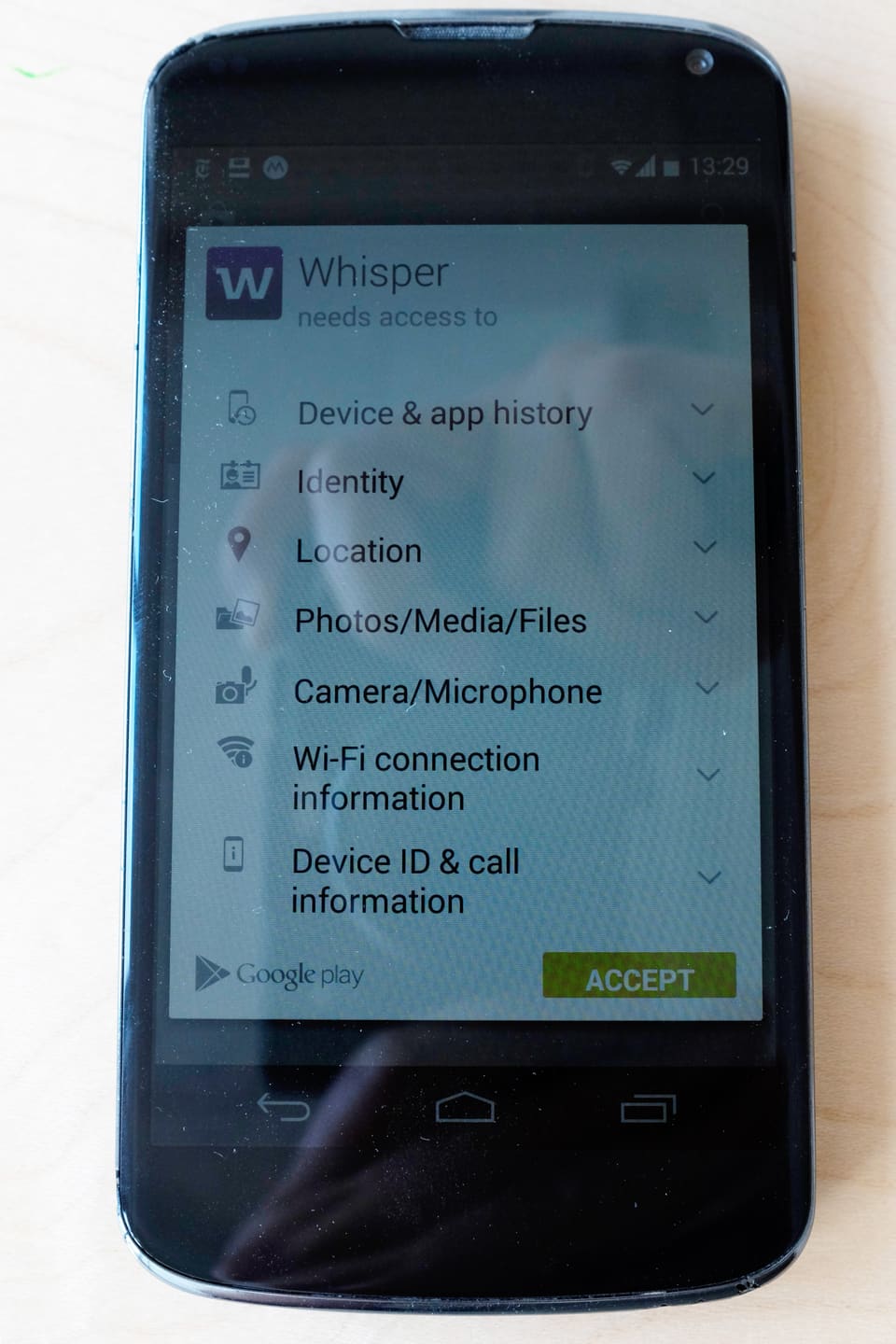 Liste der Daten, auf die die Whisper-App zugreifen kann.
