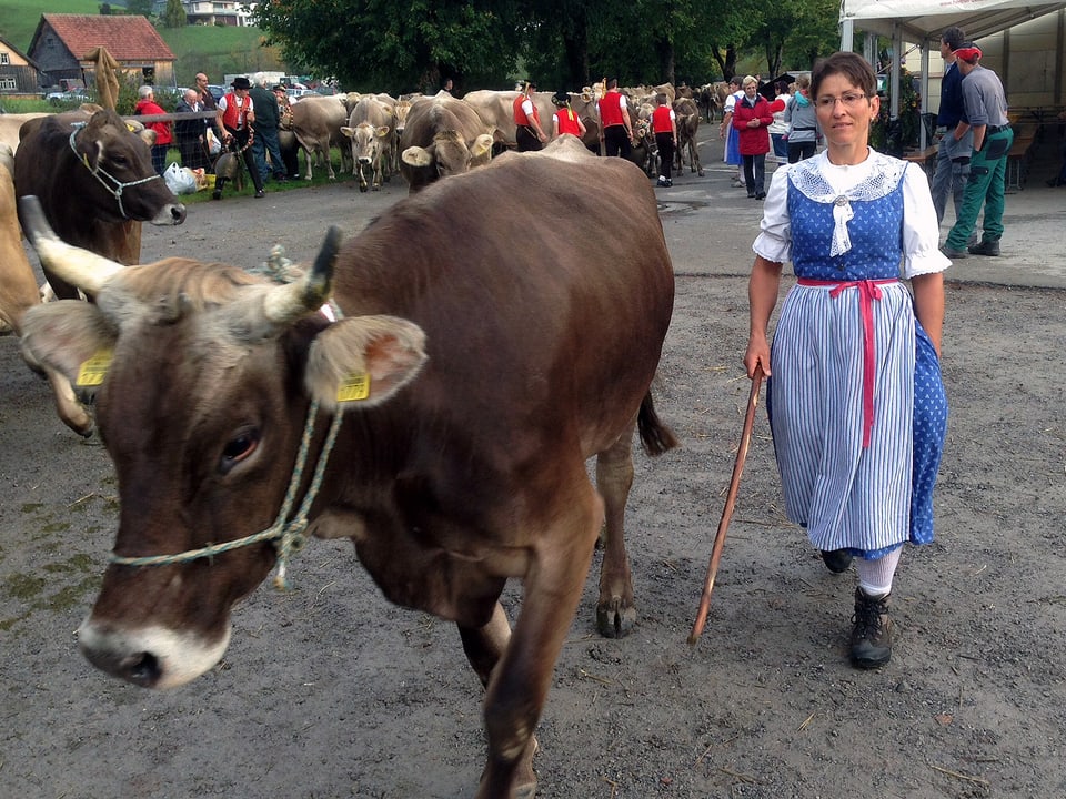 Frau in Tracht mit Kuh.