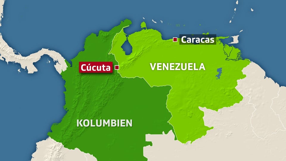 Kartenansicht von nördlichen Teil Südamerikas. Im Westen Kolumbien, im Osten Venezuela. In der Mitte an der Grenze ist die Stadt Cucuta markiert.