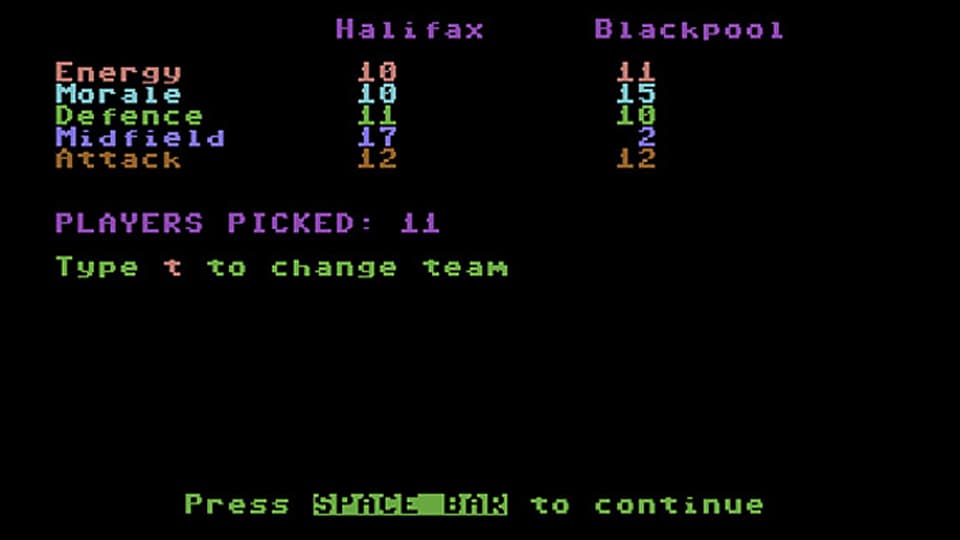 Ein Bildschirmfoto des Commodore-64-Games «Football Manager»