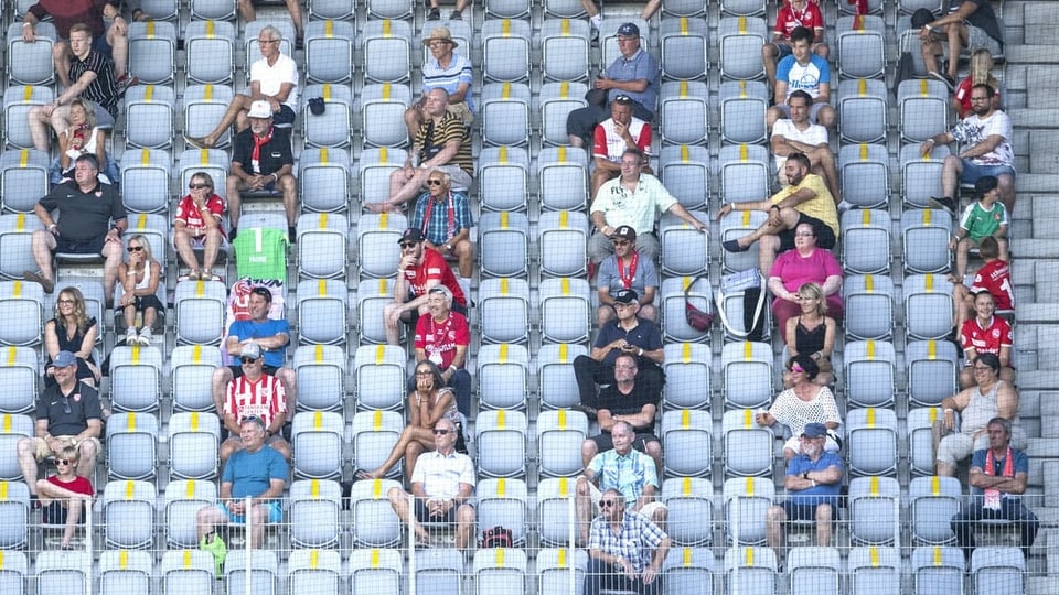 Sitzende Zuschauer mit Abstand in einem Stadion