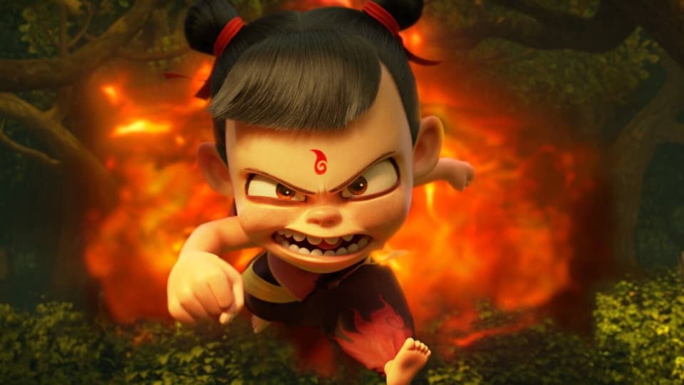 Szene aus einem Animationsfilm: Mädchen mit wütendem Gesicht springt aus einem Feuer.