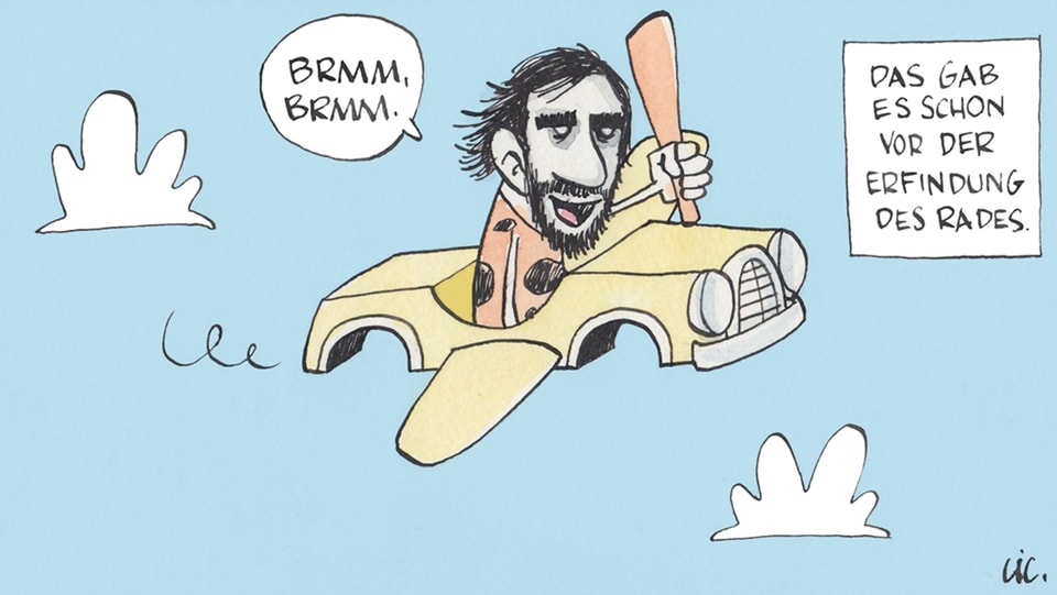 Zeichnung: Höhlenmensch, der in einem fliegenden Auto sitzt und die Keule schwingt.
