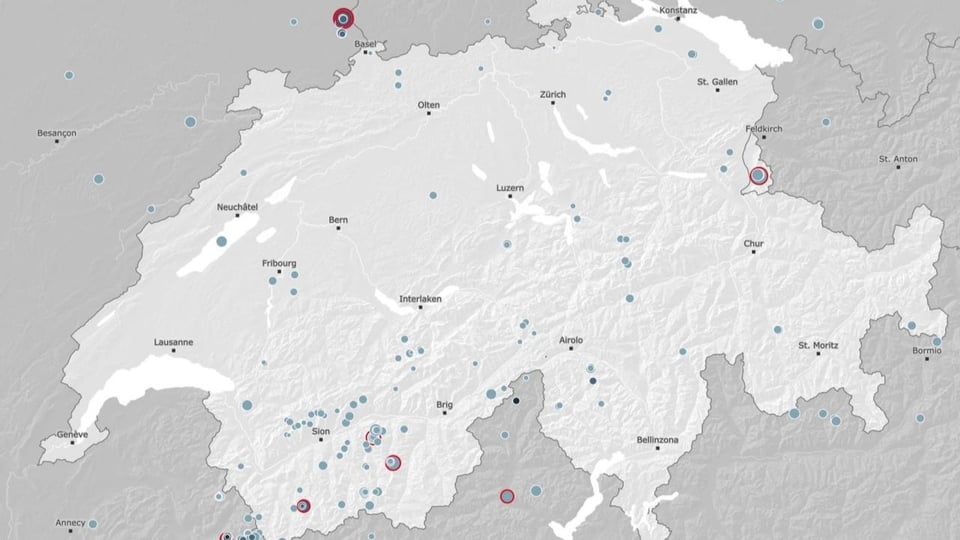 Karte der Erdbeben in der Schweiz.