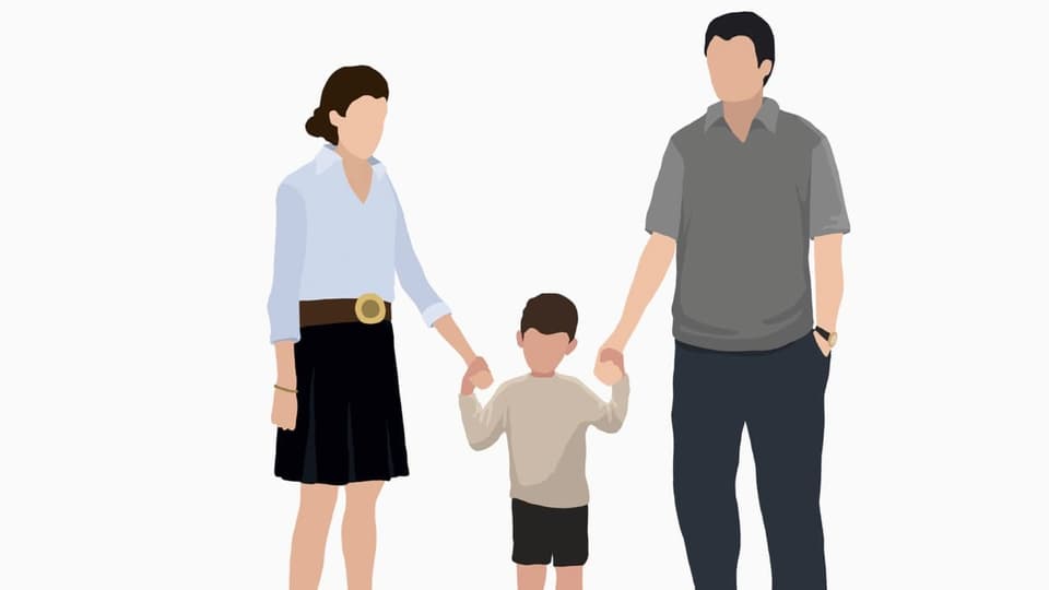 eine Illustration von zwei Eltern, die ihr Kind an der Hand halten