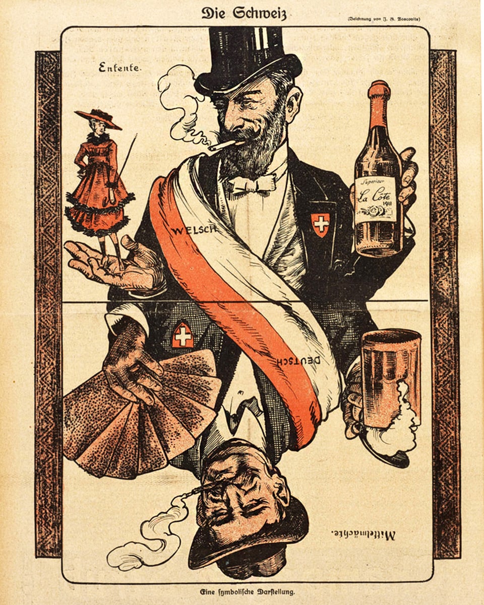 Eine einer Jasskarte nachempfunde Zeichnung mit zwei Herren, wobei der eine eine Flasche Wein und der andere ein Glas Bier in der Hand hält.