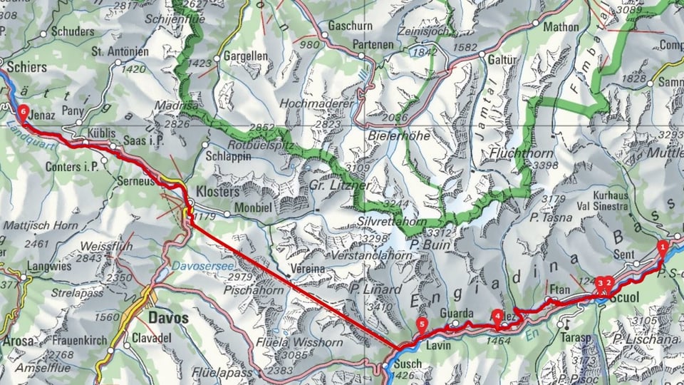 Kartenausschnitt mit Route von Sent nach Jenaz (GR).