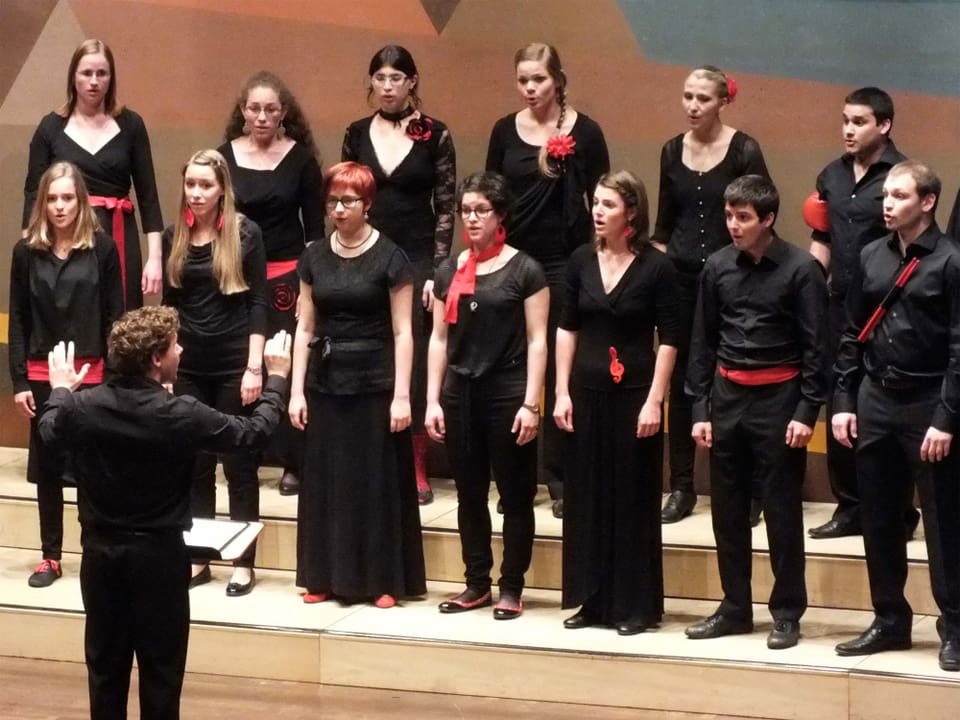 Die Sängerinnen und Sänger tragen schwarz und ein paar rote Accessoires. 