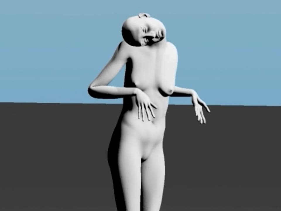3D-Animation eines nackten, weissen weiblichen Körpers, der Kopf ist unnatürlich verrenkt