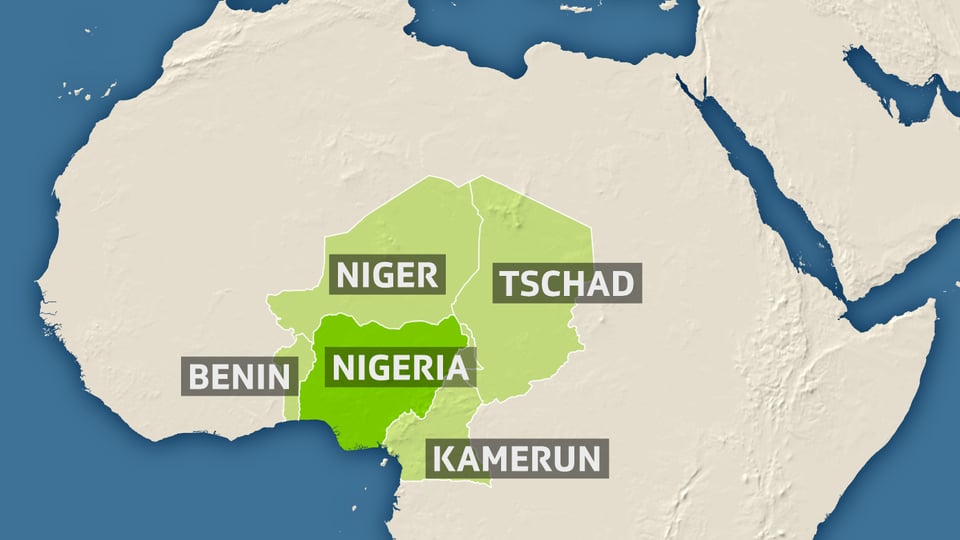 Karte hebt die Länder Benin, Niger, Nigeria, Tschad und Kamerun hervor