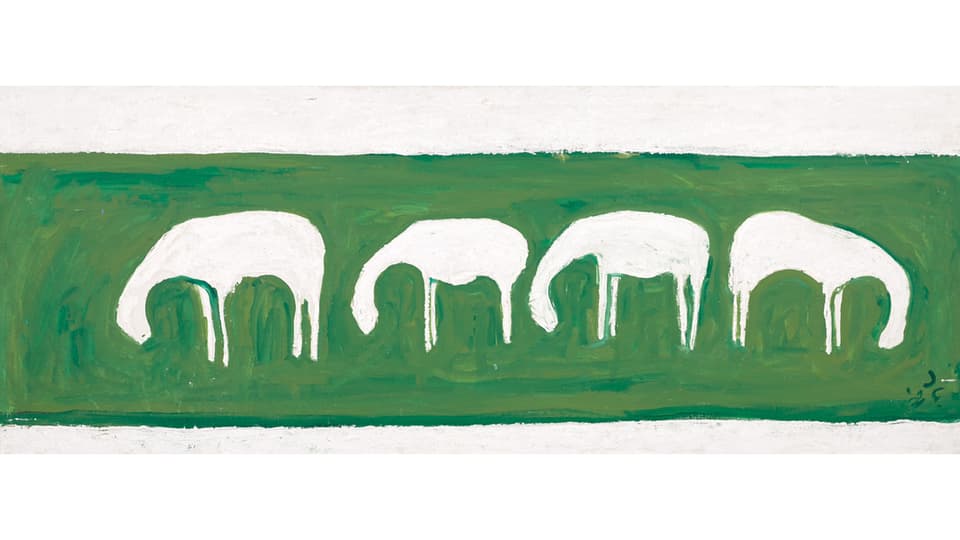 Auf grünem Hintergrund sind vier Schafe von der Seite zu sehen.