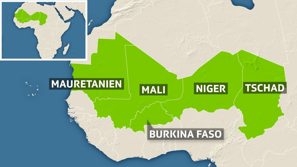 Karte der Gruppe G5-Sahel mit den Mitgliedsstaaten Mauretanien, Mali, Niger, Burkina Faso und Tschad.
