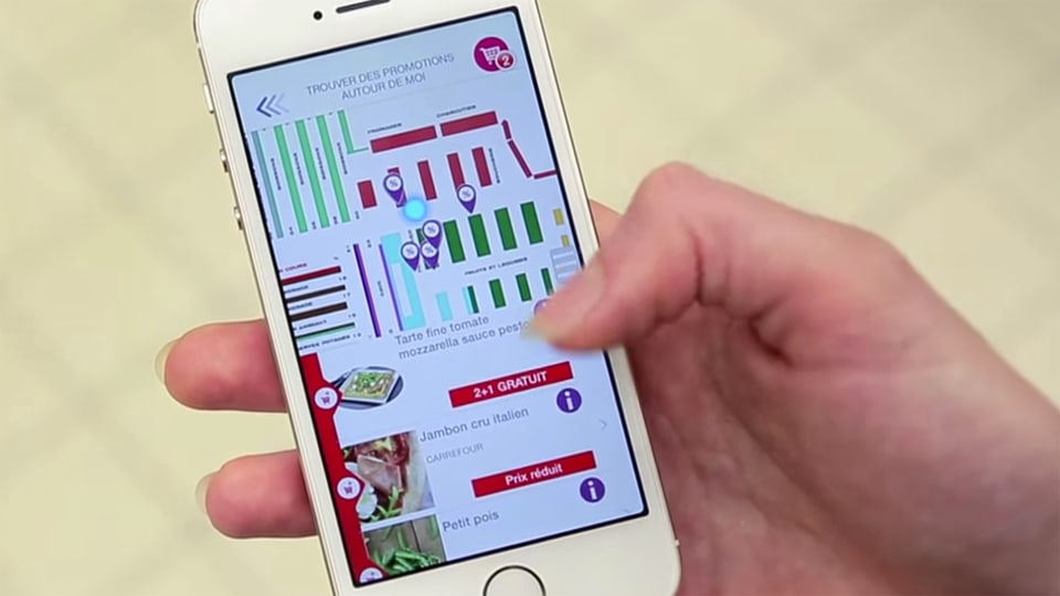 Eine App, die im Supermarkt anzeigt, wo welche Produkte sind, die gerade Aktion sind.