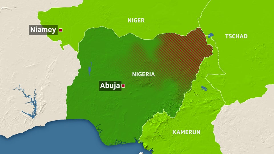 Karte von Nigeria, daneben sind die Nachbarländer eingezeichnet.