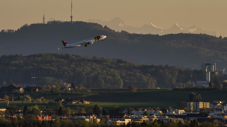 Flugzeug über Häuser und Wald