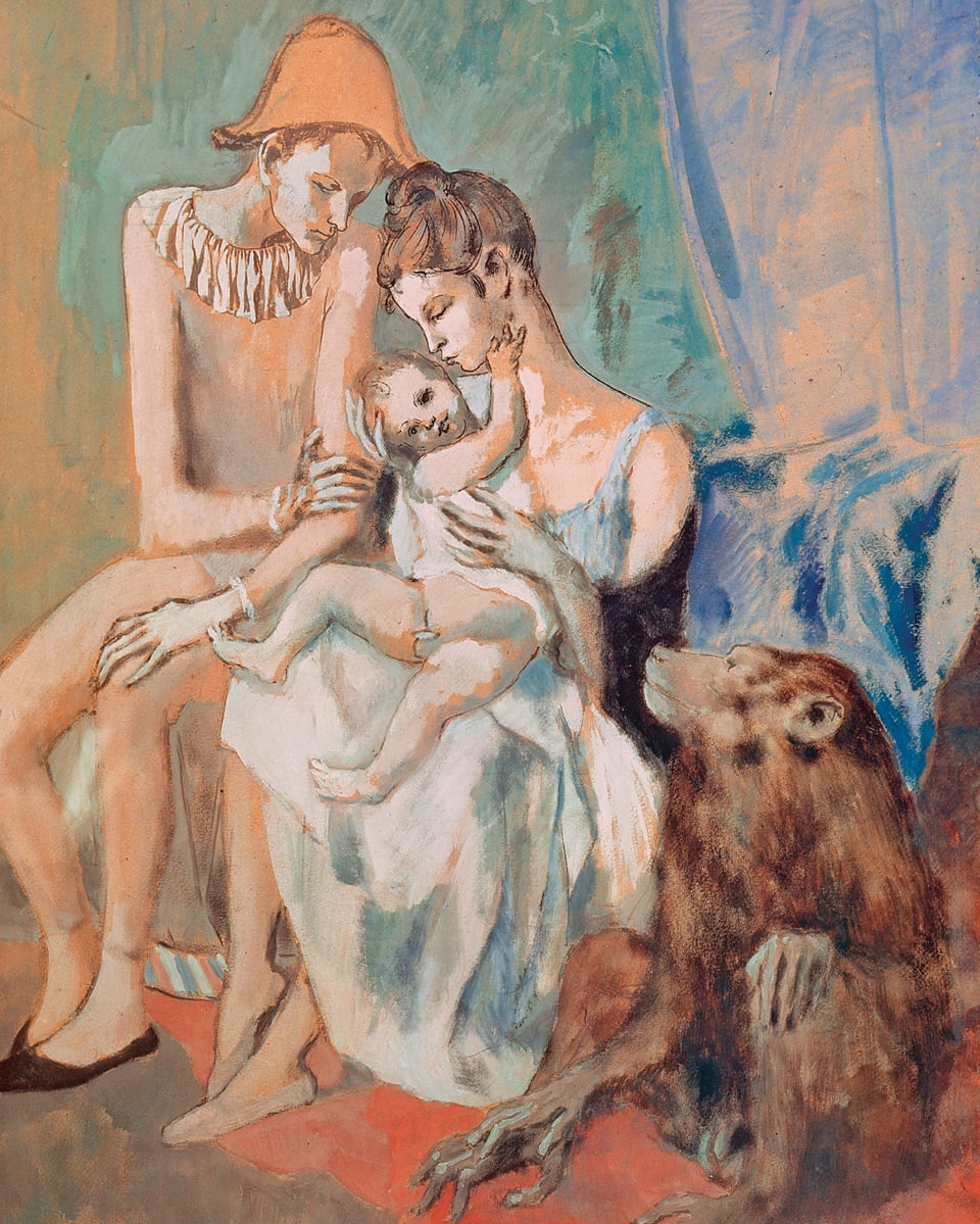 Ein in rosa und blau gehaltenes Gemälde eines Zirkuskünstler-Paares mit Kind. Daneben sitzt ein Affe.