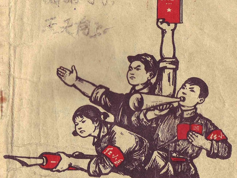 Ein Gemälde jugendlicher Rotgardisten mit Maobibel und roten Armbinden.