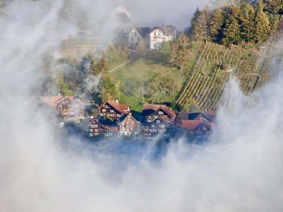 Nebelschwaden, in der Mitte ein Dorf.