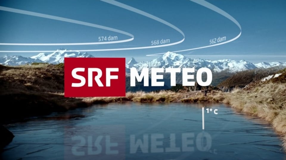 Das Keyvisual von SRF Meteo zeigt den Schriftzug vor Gebirgshintergrund und See, weisse Linien sind mit «dam» beschriftet.