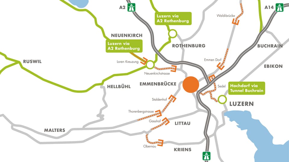 Plan mit eingezeichneten Pförtneranlagen rund um Luzern.