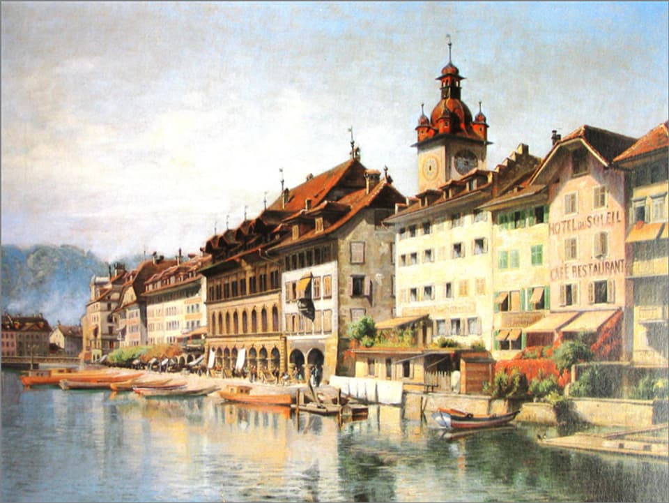 Ein Gemälde zeigt Häuser an einem Fluss.