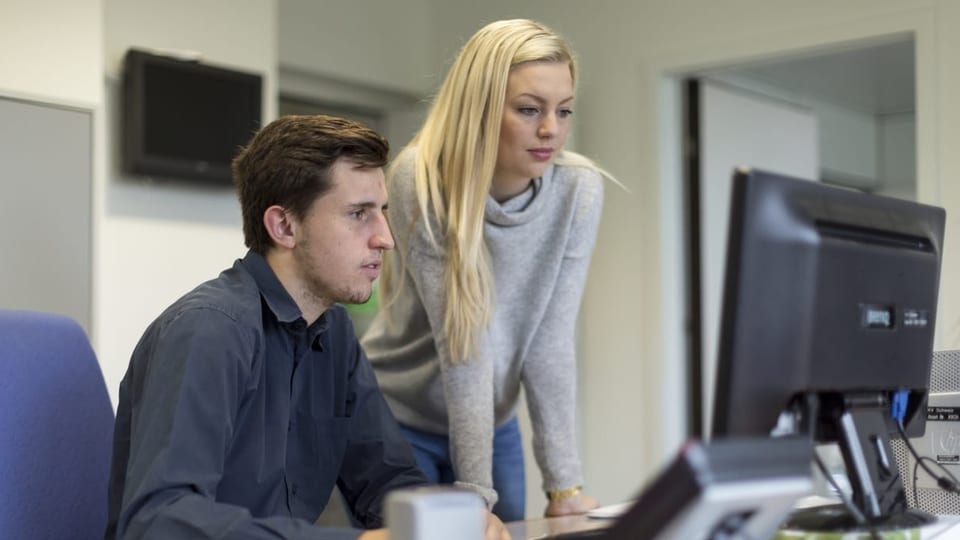 Zwei junge Erwachsenen vor einem Computer.