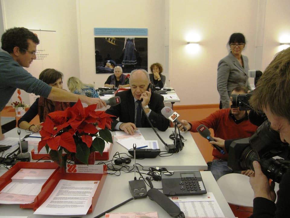 Bundespräsident Ueli Maurer spricht am Telefon unter Beobachtung von Medienschaffenden.
