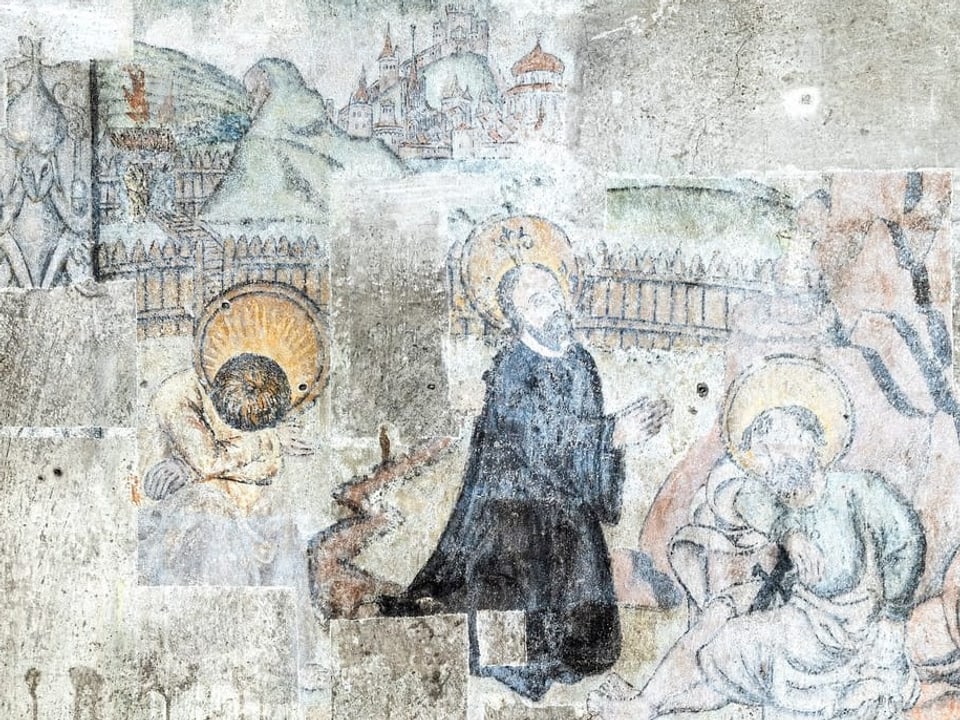 Wandmalerei mit Jesus in der Mitte. Gut erkennbar sind drei weitere Personen. Der Rest ist noch nicht klar zu Erkennen.