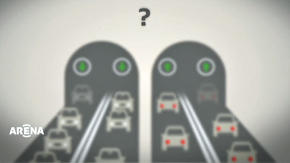 Grafik mit zwei Tunnelröhren und vier Fahrspuren, die alle von Autos befahren werden.