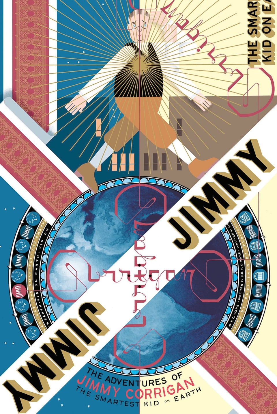 Buchcover mit zwei mal «Jimmy» auf dem Titel sowie einer Comicfigur, die auf einer abstrahierten Weltkugel geht.