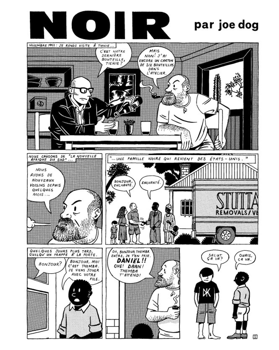 Eine Comic-Seite im Tim-und-Struppi-Stil gezeichnet, mit karikiertem Schwarzen. 