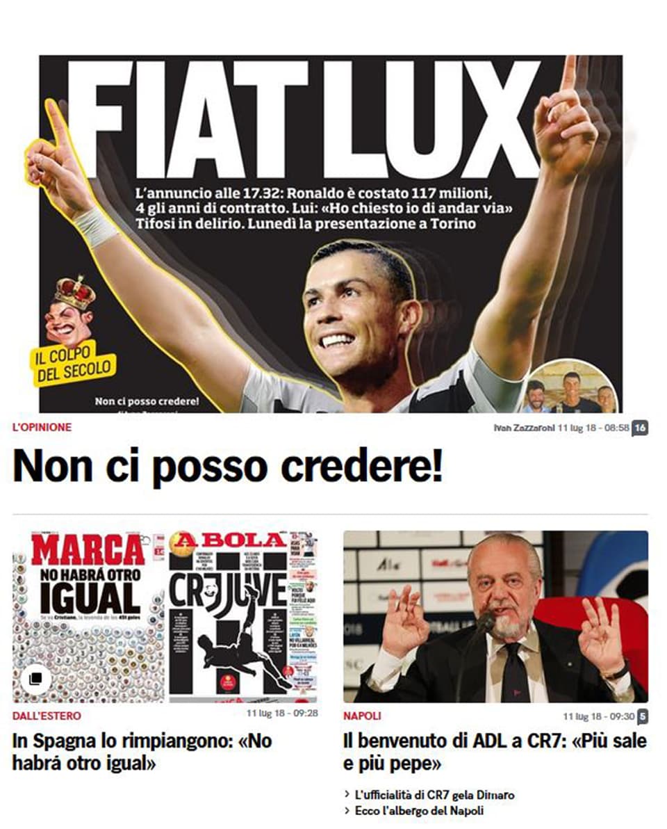 Die Titelseite des Corriere dello Sport mit Ronaldo im Bild.