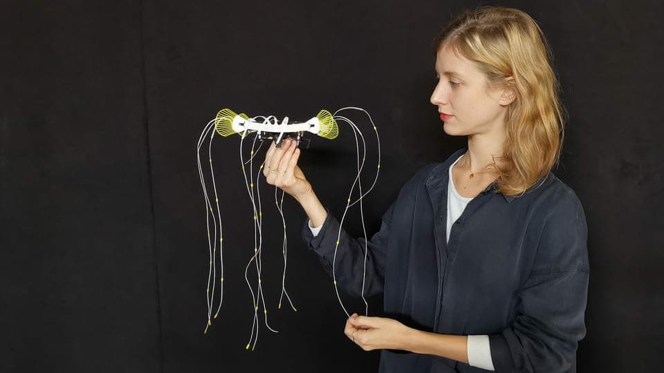 Léa Pereyre mit ihrem Lieblingskostüm, das die Drohne in einen Fisch verwandelt.