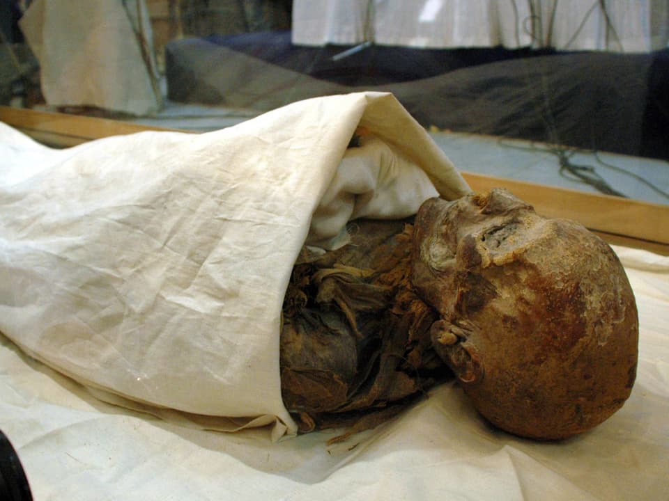 Mumie, deren Körper in ein Tuch eingewickelt ist.