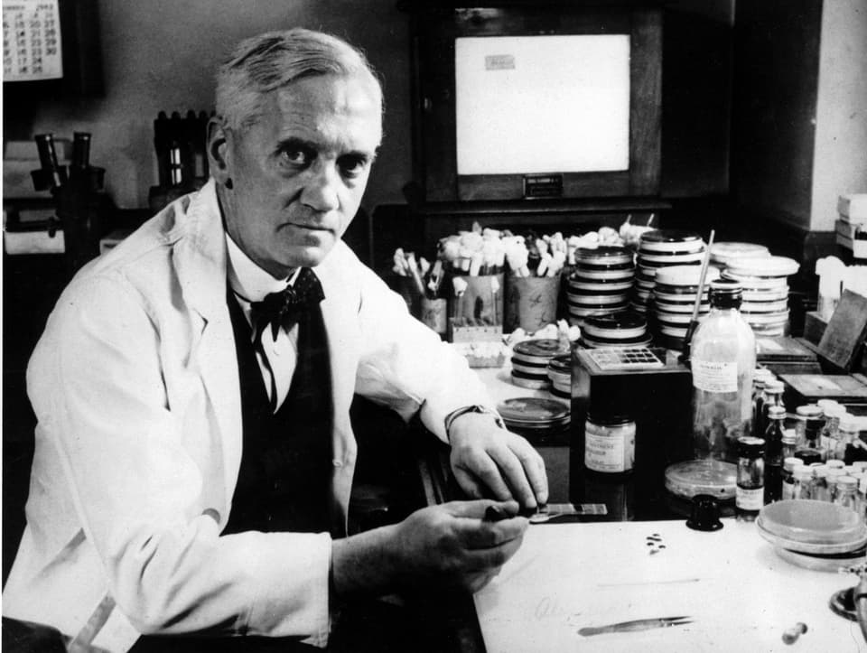 Porträt von Alexander Fleming, dem Erfinder von Penizillin in seinem Labor.
