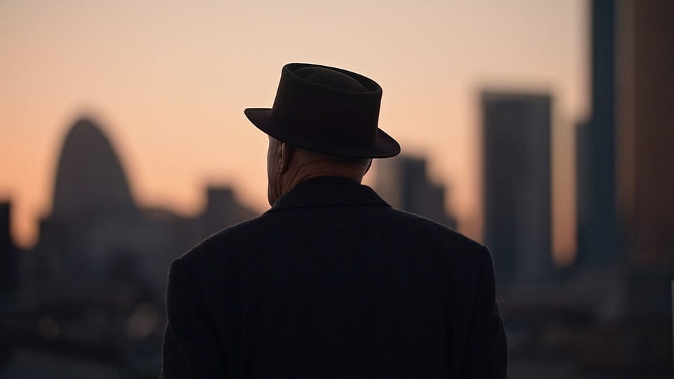 Ein Mann mit Hut blickt auf die Skyline einer Grossstadt.