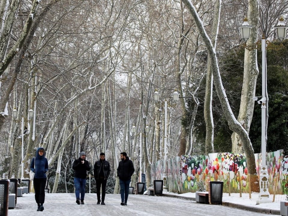 Menschen spazieren durch einen schneebedeckten Park.