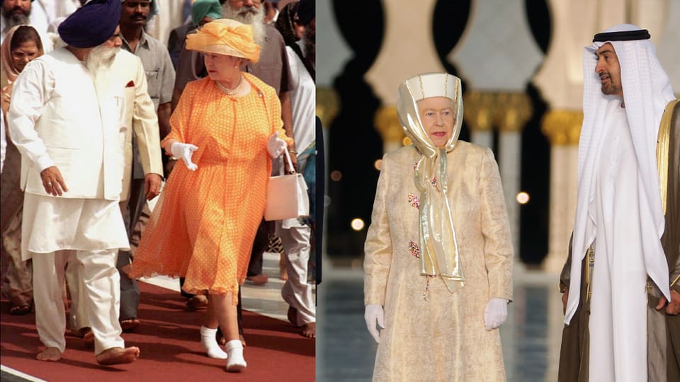 Zwei Bilder der Queen. Auf dem einen ist die Queen in weissen Söckchen zusehen. Auf dem anderen Trägt sie einen arabischen Hut mit Seitenschleier. 