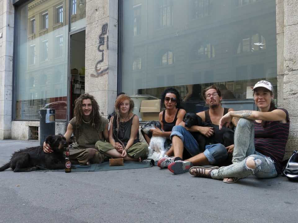 Fünf Menschen und drei Hunde sitzen auf der Strasse am Boden.