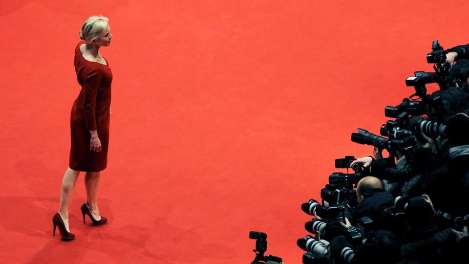 Eine Frau auf dem Roten Teppich. Vor ihr eine riesige Schar Fotografen.