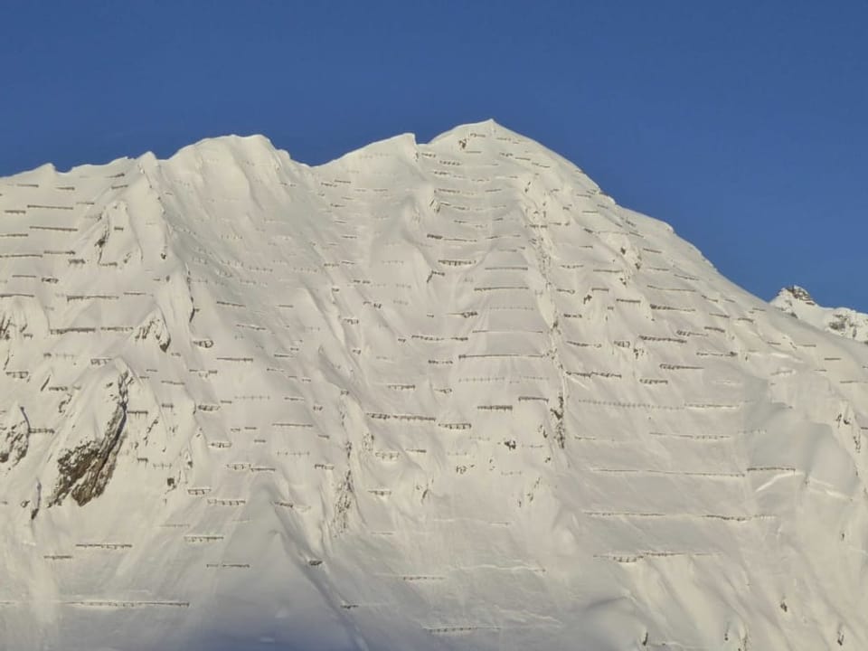 Schneebedeckter Berg mit Lawinenverbauungen.