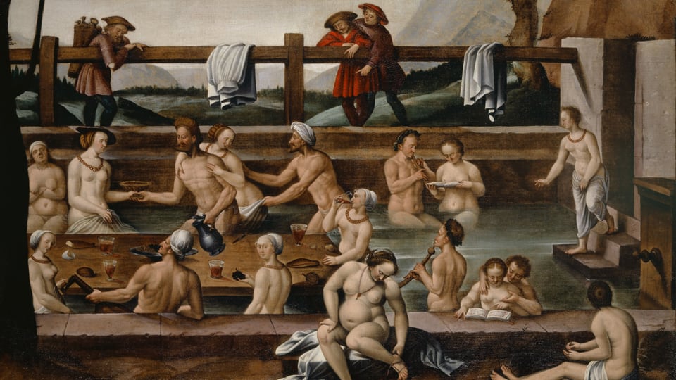 Ein Gemälde zeigt ein Becken, in und drum herum tummeln sich halbnacke und nackte Menschen
