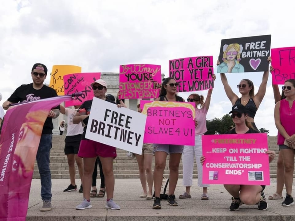 Gruppe von Menschen bei einer Demonstration mit Plakaten zur Unterstützung von Britney Spears.