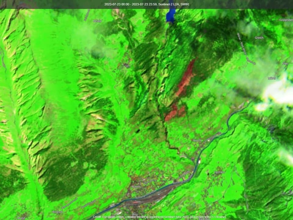 Satellitenbild vom Wallis nach dem Waldbrand