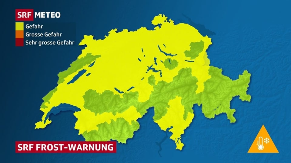 Schweizerkarte; in den Niederungen ist eine Warnung vor Bodenfrost eingezeichnet