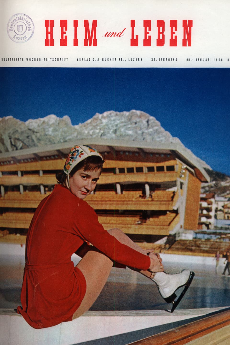 Cover von «Heim und Leben», 27. Jahrgang, 26. Januar 1958: Frau in rotem Kleid und in Schlittschuhen.
